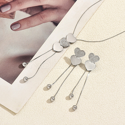 201 Stainless Steel Heart Lariat Necklace & Earrings Set for Women AF6640-1