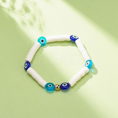 Polymer Clay Heishi Surfer Stretch Bracelet with Lampwork Evil Eye Beaded for Women BJEW-JB08386-01-1