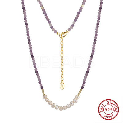 Round Natural Lepidolite & Natural Freshwater Pearl & 925 Sterling Silver Beaded Necklaces for Women NJEW-G154-01G-1