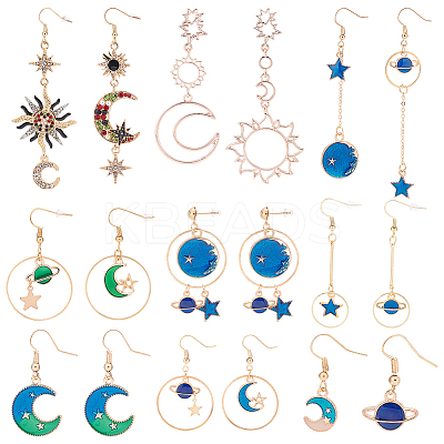 9 Pairs 9 Style Rhinestone Sun & Moon & Star & Planet Enamel Asymmetrical Earrings EJEW-AN0002-14-1
