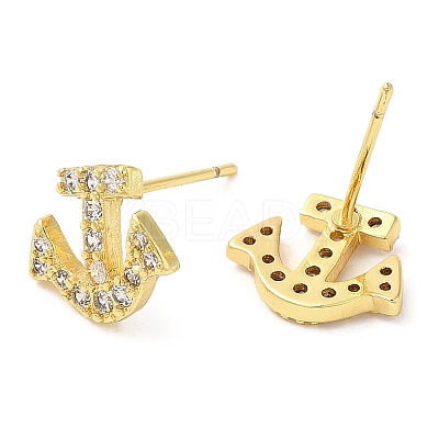 Rack Plating Brass Anchor Stud Earrings with Cubic Zirconia EJEW-D061-17G-1