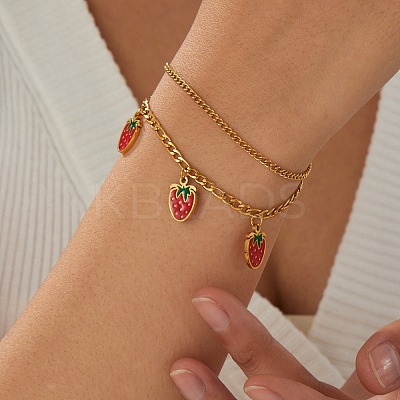 304 Stainless Steel Enamel Red Strawberry Charm 2-Strand Bracelets for Women WG018B1-01-1