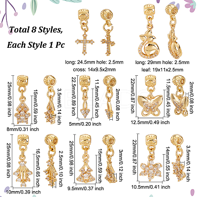 8Pcs 8 Style Rack Plating Brass Micro Pave Clear Cubic Zirconia Pendants ZIRC-OC0001-05G-1
