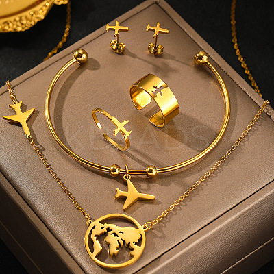 Airplane & Earth 201 Stainless Steel Pendant Necklace & Stud Earring & Cuff Ring & Cuff Bangle Sets FS-WG54043-01-1