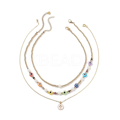 3Pcs 3 Style Natural White Moonstone & Resin Evil Eye Beaded Necklaces Set NJEW-JN04026-1