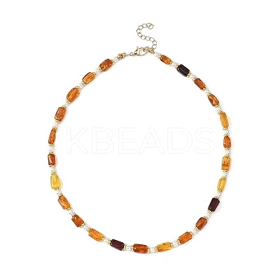Rectangle Natural Amber and Round White Shell Pearl Beaded Necklaces NJEW-JN05645-1