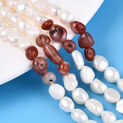 Natural Red Agate Nuggets & Natural Cultured Freshwater Pearl Beads Strands PEAR-N023-01A-02-1