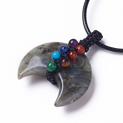 Adjustable Natural & Synthetic Mixed Gemstone Double Horn Pendant Necklace with Wax Cord for Women NJEW-B086-01-1
