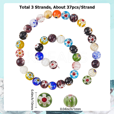 3 Strands Handmade Millefiori Glass Round Bead Strands LAMP-LT0001-16D-1
