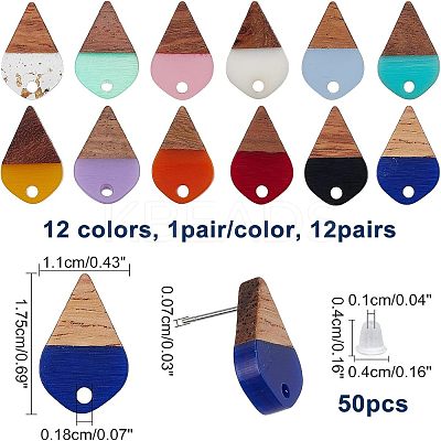 12 Pairs 12 Colors Transparent & Opaque Resin & Walnut Wood Stud Earring RESI-FH0001-42-1