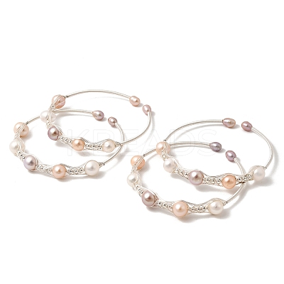 Brass Wire Wrapped Natural Pearl Cuff Bangles for Women BJEW-D453-01S-1