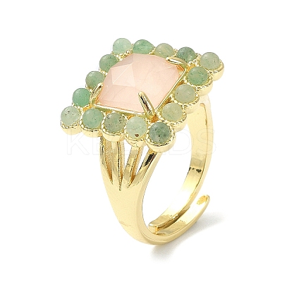 Natural Rose Quartz & Green Aventurine Gemstone Rectangle Adjustable Ring RJEW-B030-01A-11-1