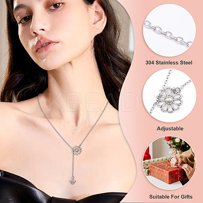 Adjustable 304 Stainless Steel Cable Chain Necklaces Flower & Bees Alloy Charm Lariat Necklaces for Women NJEW-TAC0017-01-1