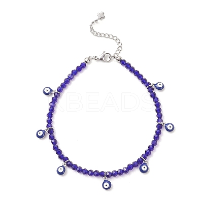 2Pcs 2 Colors 304 Stainless Steel Enamel Blue Evil Eye Tassel Glass Beaded Anklets for Women Men AJEW-AN00754-1