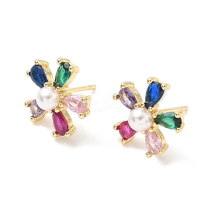 Flower Brass Cubic Zirconia Stud Earrings EJEW-P336-06G-01-1