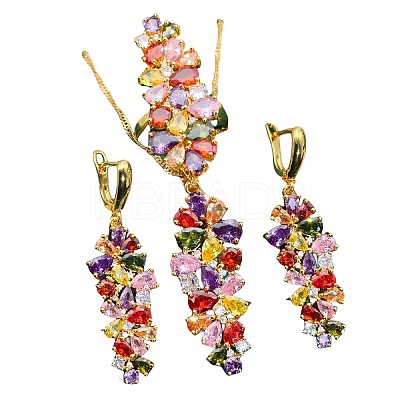 Leaf Brass Cubic Zirconia Pendant Necklaces & Hoop Earrings & Rings Sets FS-WGD46EA-05-1