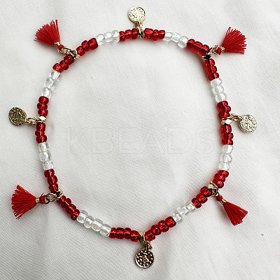 Bohemian Style Alloy Coin Charm Tassel Plastic Seed Beaded Stretch Anklets FS-WGB8A48-10-1