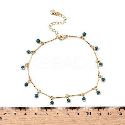Bohemian Brass Bar Link Chain Marine Blue Enamel Sun Tassel Anklets AJEW-Z046-05G-1