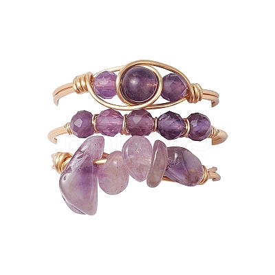 3Pcs Natural  Amethyst Bead Finger Ring RJEW-JR00855-02-1