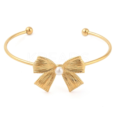 Bowknot 304 Stainless Steel Pave Shell Pearl Open Cuff Torque Bangles for Women BJEW-Z070-03G-1