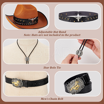 3Pcs 3 Styles PU Leather Men's Chain Belt with Alloy Horse Clasp & Star Bolo Tie & Adjustable Hat Band AJEW-GA0006-64-1