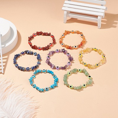 7Pcs Natural & Synthetic Mixed Gemstone Chips & Resin Evil Eye Beaded Stretch Bracelets Set BJEW-JB08814-1