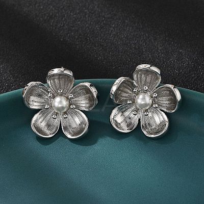 Brass ABS Plastic Imitation Pearl Flower Stud Earrings EJEW-S258-05P-1