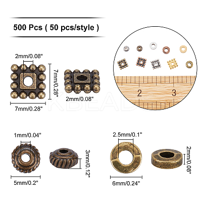 500Pcs 10 Style Tibetan Style Alloy Spacer Beads TIBEB-AR0001-06-1