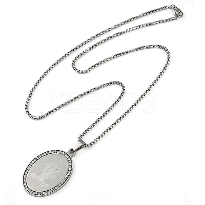 201 Stainless Steel Crystal Rhinestone Religion Virgin Mary Oval Pendant Box Chain Necklaces NJEW-D089-04P-1