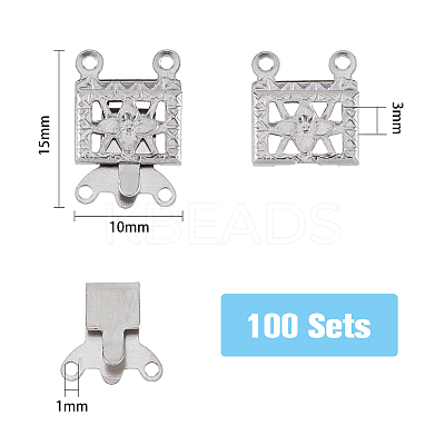 100 Sets 2-Strands 4-Holes 304 Stainless Steel Box Clasps STAS-DC0012-94-1