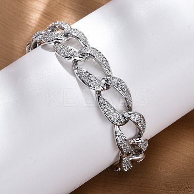 Brass Micro Pave Clear Cubic Zirconia Curb Chain Bracelets for Women BJEW-A034-04B-P-1