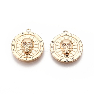 Flat Round with Skull Pattern Brass Micro Pave Clear Cubic Zirconia Pendants KK-G436-21G-1