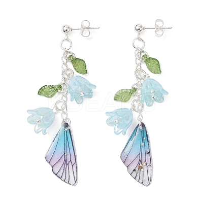 304 Stainless Steel Wing with Flower Dangle Stud Earrings EJEW-TA00696-1