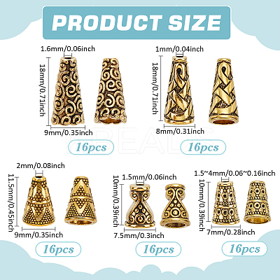 80Pcs 5 Colors Tibetan Style Cone Alloy Bead Caps TIBE-PH0002-30AG-1