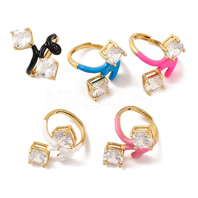 Rhombus Brass Micro Pave Clear Cubic Zirconia Adjustable Rings RJEW-U009-13G-1
