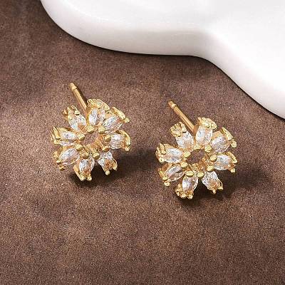 Flower Brass Micro Pave Clear Cubic Zirconia Stud Earrings EJEW-F400-01C-G-1