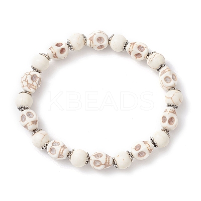 Halloween Dyed Synthetic Turquoise Skull & Round Beaded Stretch Bracelets for Men Women BJEW-JB12255-01-1
