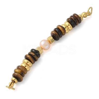 Natural Tiger Eye & Plastic Imitation Pearl Disc Beaded Connector Charms/Links STAS-L277-11G-01-1