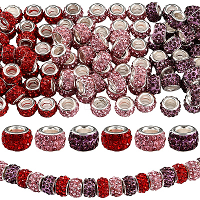 120Pcs 3 Colors Polymer Clay Rhinestone European Large Hole Beads with Silver Color Plated Brass Cores FPDL-LT0001-01B-1