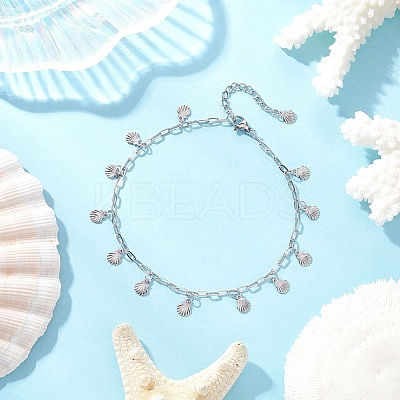 304 Stainless Steel Shell Shape Tassle Paperclip Chain Anklets AJEW-AN00752-1