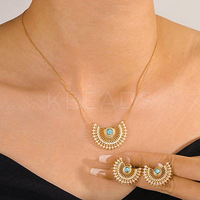 Brass Rhinestone Hollow Crescent Moon Pendant Necklace & Stud Earrings Sets with Synthetic Turquoise and Imitation Pearl LX5909-1