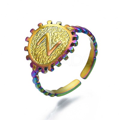 Rainbow Color 304 Stainless Steel Flat Round with Initial Cuff Ring RJEW-S405-139-1