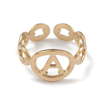 Ion Plating(IP) 304 Stainless Steel Initial Letter A Open Cuff Rings for Women RJEW-G285-56G-1