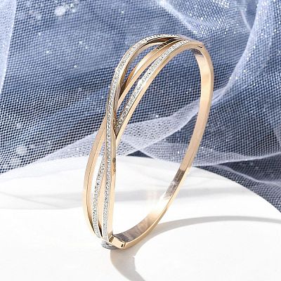 Ion Plating(IP) 304 Stainless Steel Polymer Clay Rhinestone Hinged Bangles for Women BJEW-A011-16RG-1