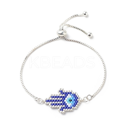 Glass Seed Braided Hamsa Hand with Evil Eye Link Slider Bracelet BJEW-MZ00003-1