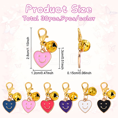 30Pcs 6 Style Alloy Enamel Heart with Smiling Face Pendant Decorations HJEW-YW00177-1