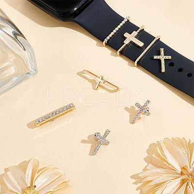 5Pcs 5 Style Cross Shape Zinc Alloy with Rhinestone Watch Band Studs and Watch Band Charms FIND-UN0003-40-1