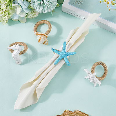 4Pcs 4 Styles Resin Conch Shell Starfish Sea Horse & Jute Rope Napkin Rings AJEW-GF0011-12-1