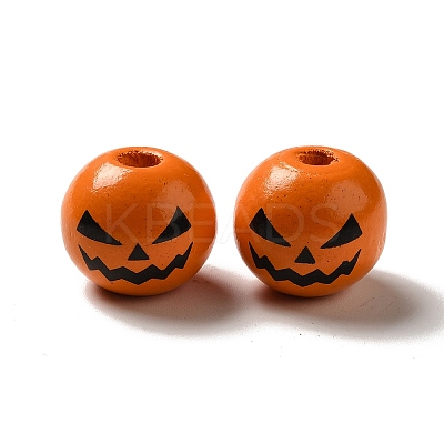 Printed Black Jack O Lantern Round Wood European Beads WOOD-K007-03-1