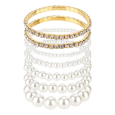 7Pcs 7 Styles Plastic Imitation Pearl Round Beaded Stretch Bracelets Set BJEW-AN0001-36-1
